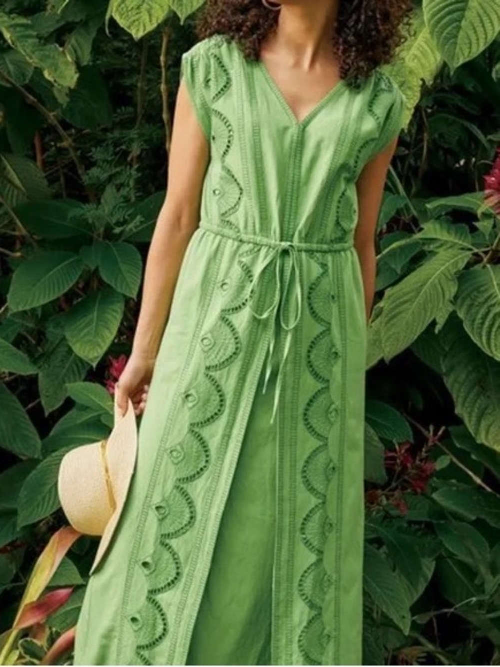 SOFT SURROUNDINGS ELLISON LINEN BLEND GREEN EMBROIDERED MAXI DRESS SIZE M